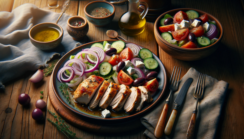 A serving of greek slow cooked chicken breast