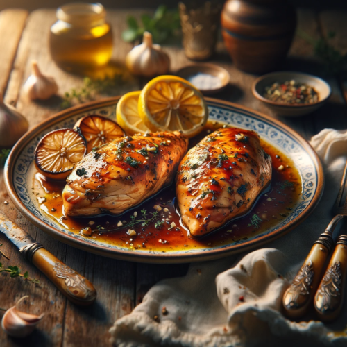 A serving of greek slow cooked chicken breasts