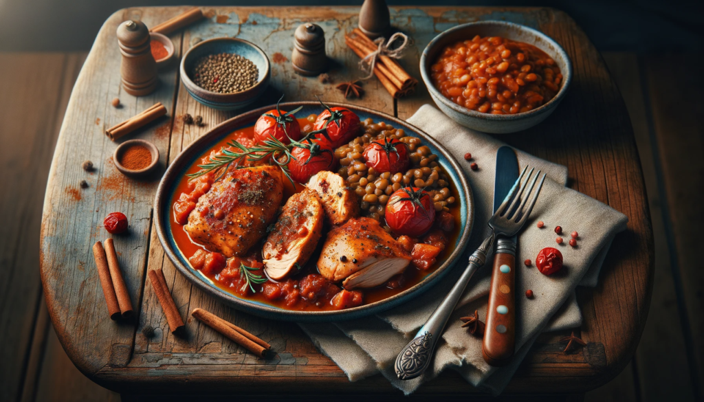 A serving of greek slow cooked chicken breasts and small pieces of pork
