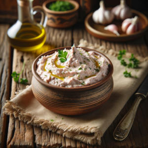 Authentic taramosalata recipe: traditional greek fish roe dip 1 A serving of taramosalata a traditional greek dip 1