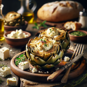 Greek inspired feta-stuffed artichoke hearts (καρδιές αγκινάρας γεμιστές με φέτα) 1 A serving of cooked feta stuffed artichoke hearts καρδιές αγκινάρας γεμιστές με φέτα