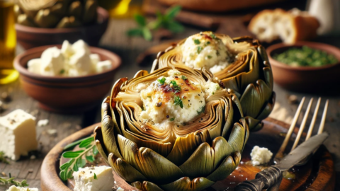 a serving of cooked Feta Stuffed Artichoke Hearts Καρδιές Αγκινάρας γεμιστές με Φέτα
