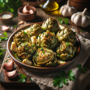 A serving of cooked garlic parsley artichoke hearts καρδιές αγκινάρας με σκόρδο και μαϊντανό