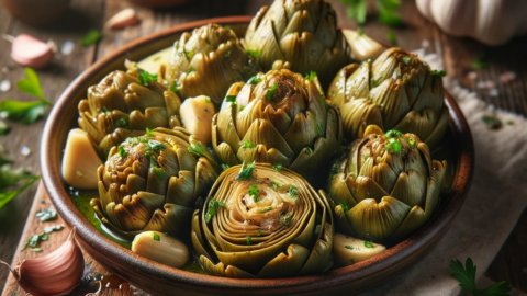 a serving of cooked Garlic Parsley Artichoke Hearts Καρδιές Αγκινάρας με Σκόρδο και Μαϊντανό