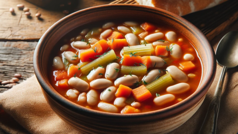 a serving of traditional Greek white bean Fasolada