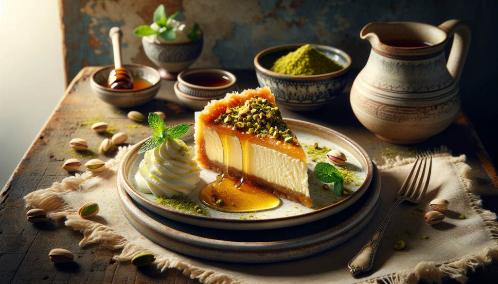 Delicious greek baklava cheesecake recipe 5 A slice of cheesecake baklava elegantly served with honey