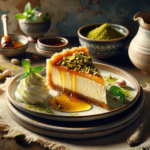 A slice of cheesecake baklava elegantly served with honey