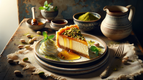 a slice of cheesecake baklava elegantly served with honey