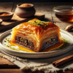 Greek yogurt baklava recipe: golden crispy squares on top of greek yogurt 9 A slice of golden brown greek chocolate baklava