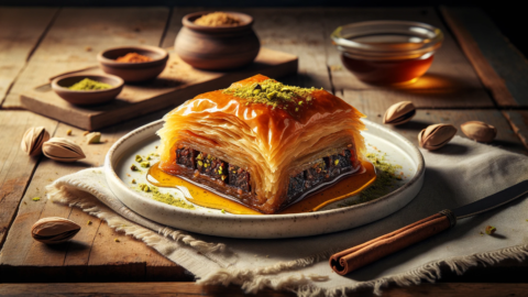 a slice of golden brown Greek chocolate baklava