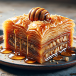 Greek yogurt baklava recipe: golden crispy squares on top of greek yogurt 4 A slice of golden brown flaky baklava with glistening honey drizzle