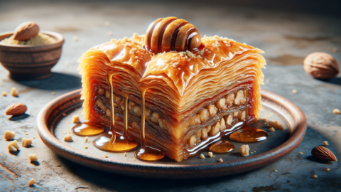 a slice of golden brown flaky baklava with glistening honey drizzle