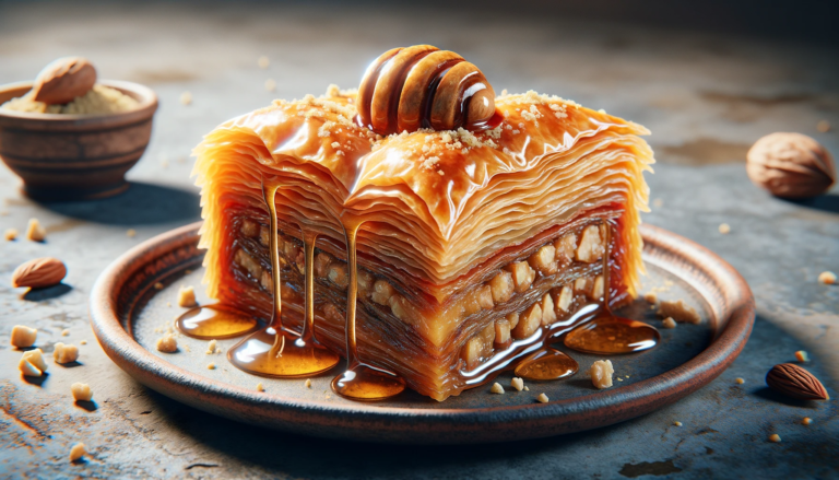 a slice of golden brown flaky baklava with glistening honey drizzle