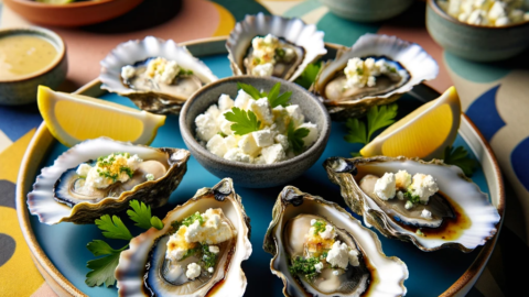 baked oysters topped with a golden brown feta crumble