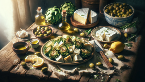 chopped artichoke hearts on a plate and other greek ingredients