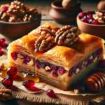 Greek yogurt baklava recipe: golden crispy squares on top of greek yogurt 6 Cranberry walnut baklava on a rustic wooden table 1