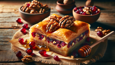 cranberry walnut baklava on a rustic wooden table 1