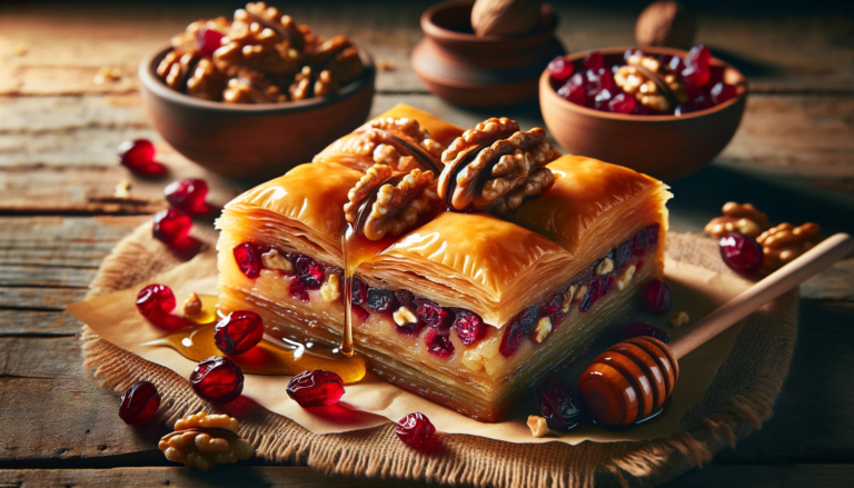 cranberry walnut baklava on a rustic wooden table 1