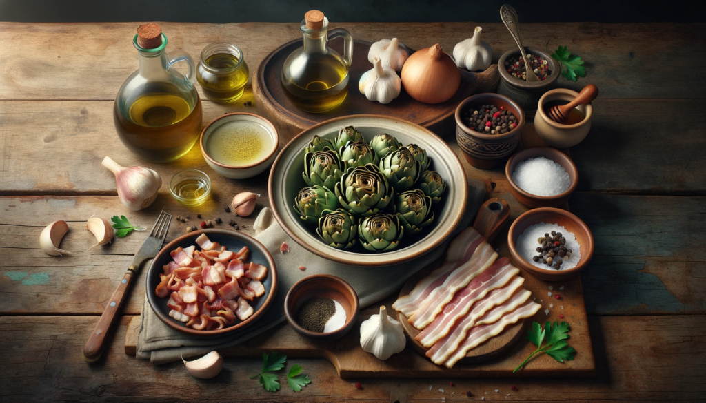 Ingredients for greek gourmet artichoke hearts with bacon in balsamic vinigar