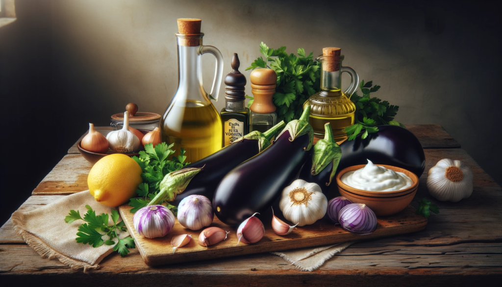 Ingredients for melitzanosalata μελιτζανοσαλάτα a traditional greek eggplant dip