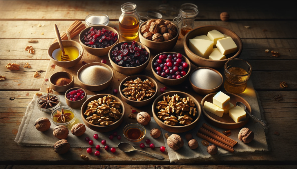 Ingredients for cranberry walnut baklava on a rustic wooden table