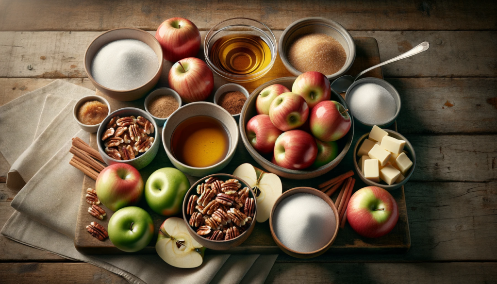 Ingredietns for an apple based dessert on a rustic wooden table