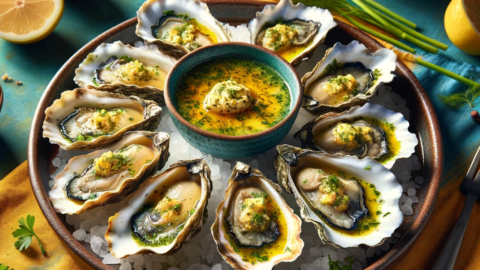 plate filled with baked oysters topped with a rich golden lemon dressing