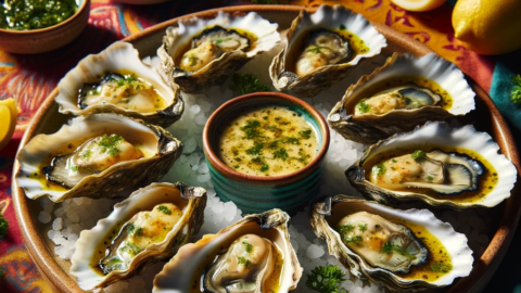 plate filled with baked oysters topped with a rich golden herbed butter sauce