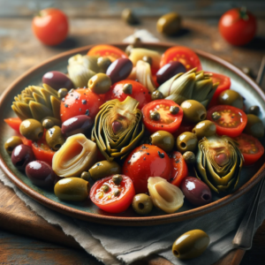 Cooked artichoke hearts tomatoes capers and kalamata olives