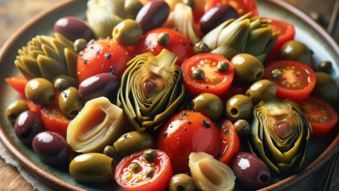 cooked artichoke hearts tomatoes capers and Kalamata olives