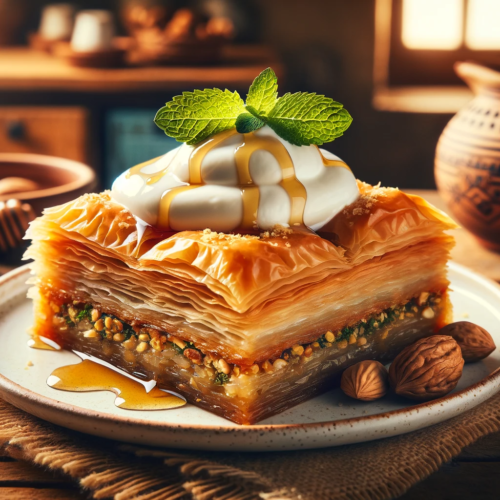 Greek yogurt baklava recipe: golden crispy squares on top of greek yogurt 2 Yogurt baklava square 1