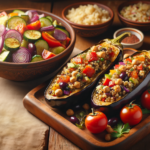 Greek vegan stuffed eggplants next to a fresh greek salad