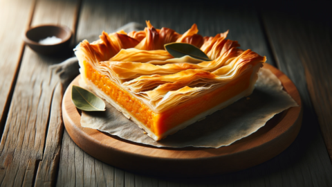 a portion of pumpkin phyllo pie with phyllo layers on top