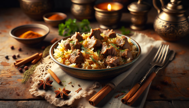 a serving of Aromatic Lamb Pilaf with Cinnamon