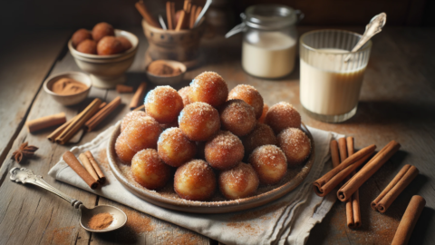 a serving of Eggnog Loukoumades covered in brown sugar 1