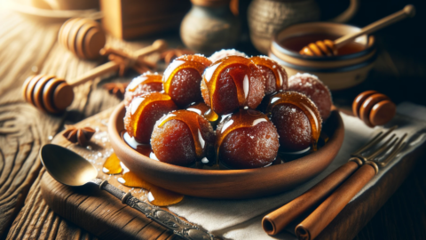 a serving of Gingerbread Loukoumades with honey drizzle