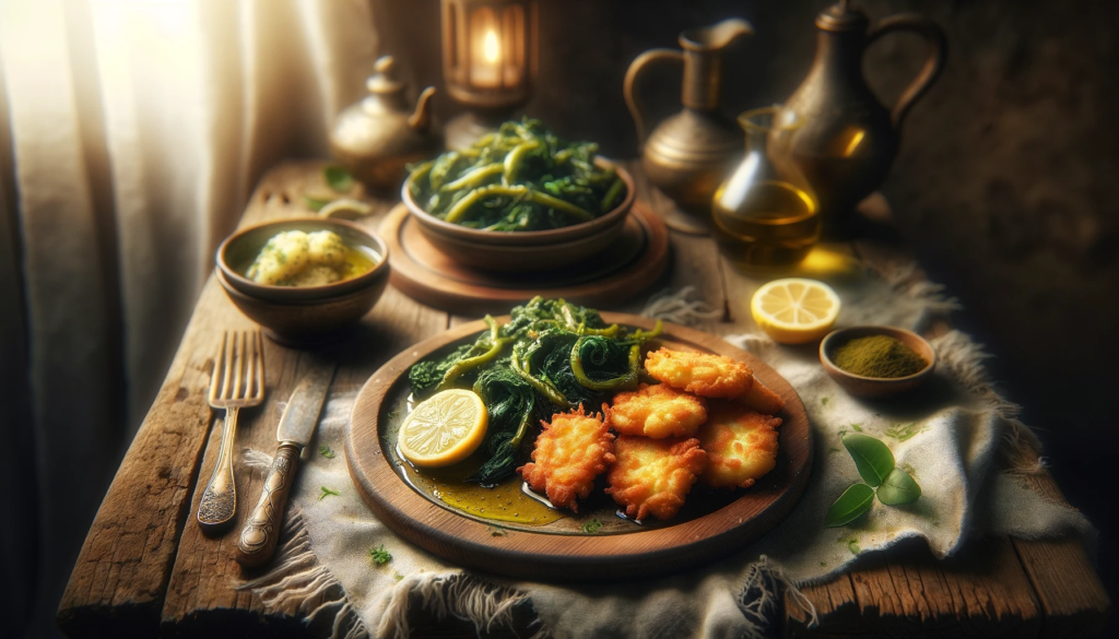 A serving of greek saganaki freshly fried alongside a side of horta