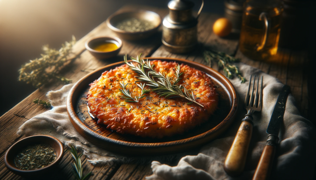 A serving of greek saganaki freshly fried and topped with rosemary and thyme