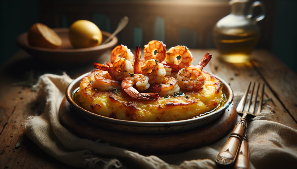 A serving of greek saganaki topped with succulent sauteed shrimpb