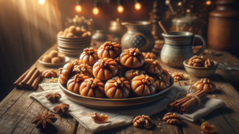 a serving of Melomakarona traditional Greek Christmas cookies
