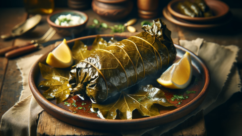 a serving of grape leaf wrapped roast fish