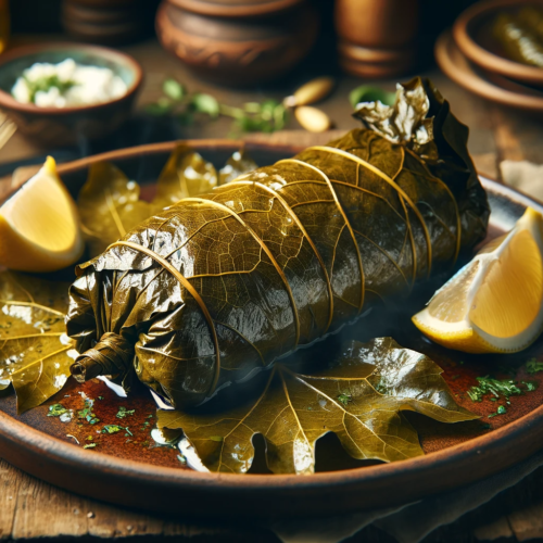 A serving of grape leaf wrapped roast fish