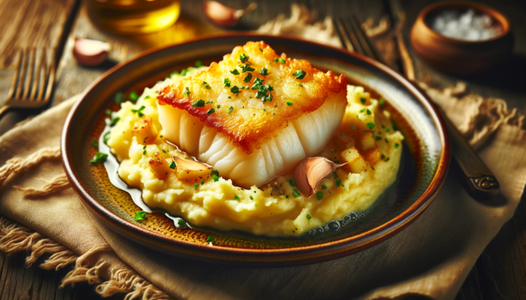 fried cod and garlic potato puree