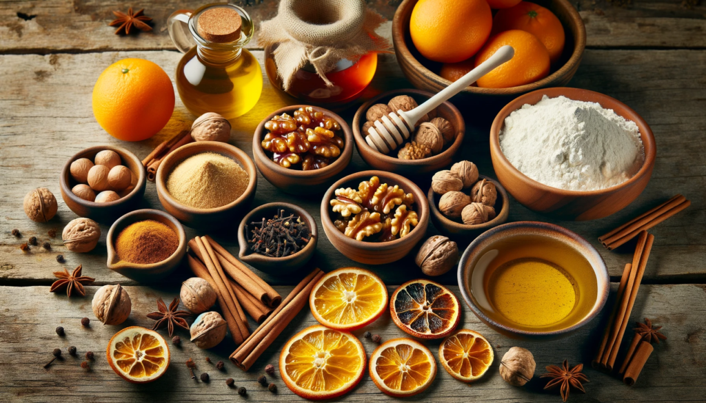 Ingredients for melomakarona traditional greek christmas honey cookies