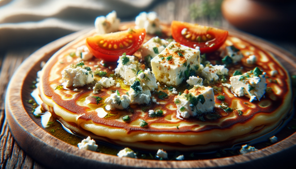 Photo of traditional greek tiganites pancakes with a savory topping