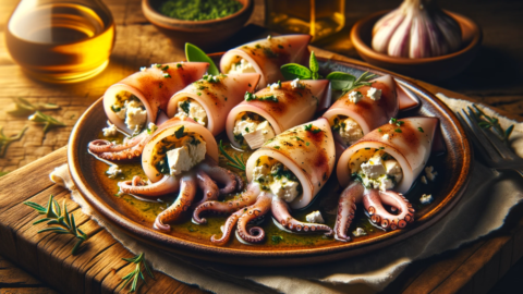 squid stuffed with feta and herbs cut into small pieces