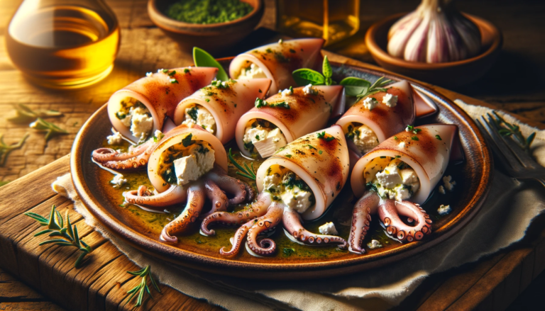 squid stuffed with feta and herbs cut into small pieces