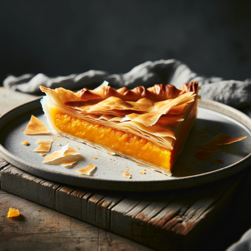 A portion of pumpkin phyllo pie with phyllo dough 2